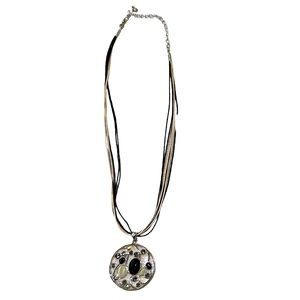 Black, white string choker necklace with round enamel pendant